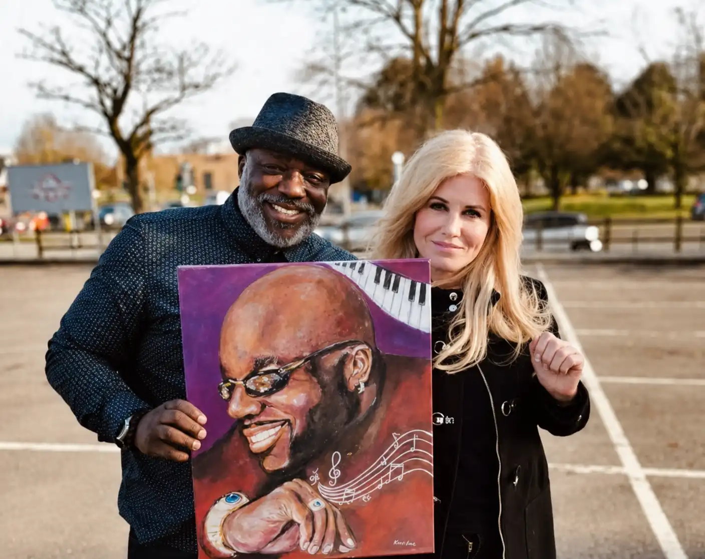 The artist and a musician holding his commissioned portrait with piano keys